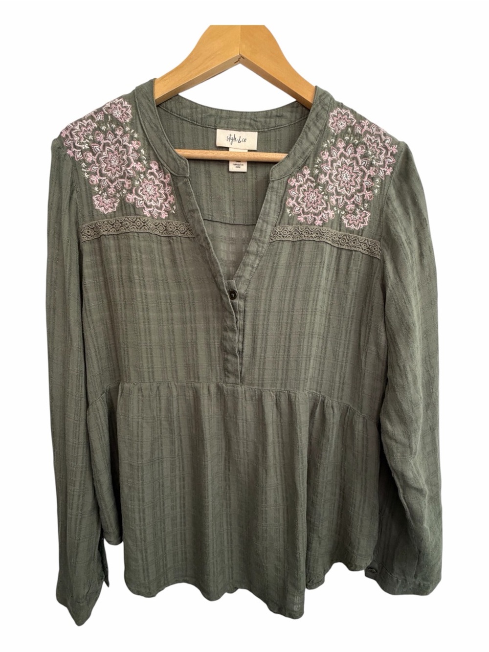 Style & Co Embroidered Peasant Blouse M Cottagecore Boho Coastal Grandmother